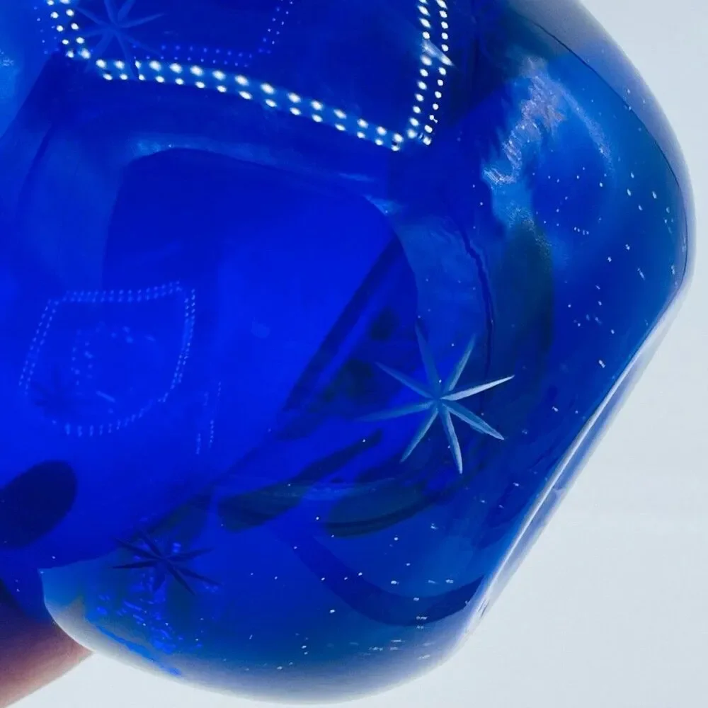 Crate & Barrel Cobalt Blue Starburst Votive Etched Star Glass Holder Poland